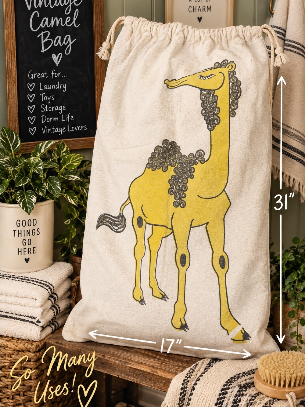 Vintage Whimsical Yellow Camel Illustrated Canvas Drawstring Storage Bag 31”x17”